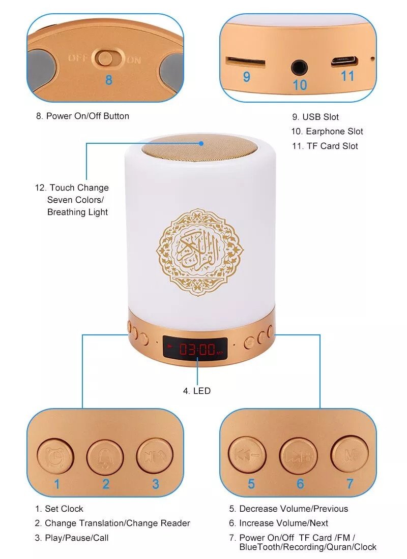 Bluetooth Quran Speaker With LED Lamp